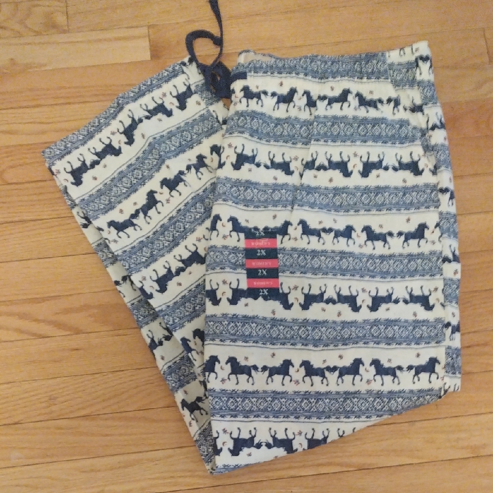 Elegant Navy and White Horse Pattern 100% Cotton Flannel Pajama Pants